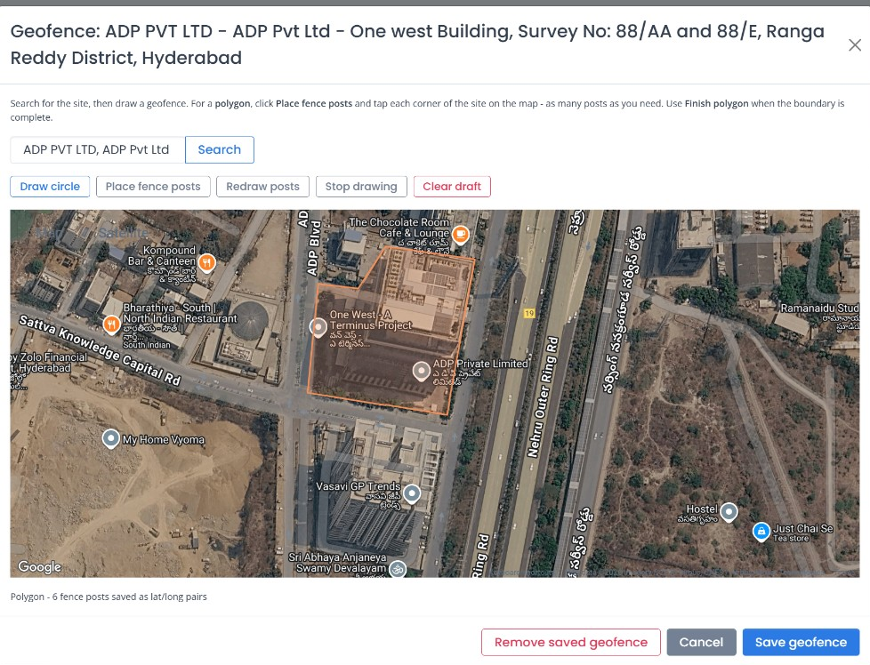 Admin geofence editor with a saved polygon of fence posts around a site
