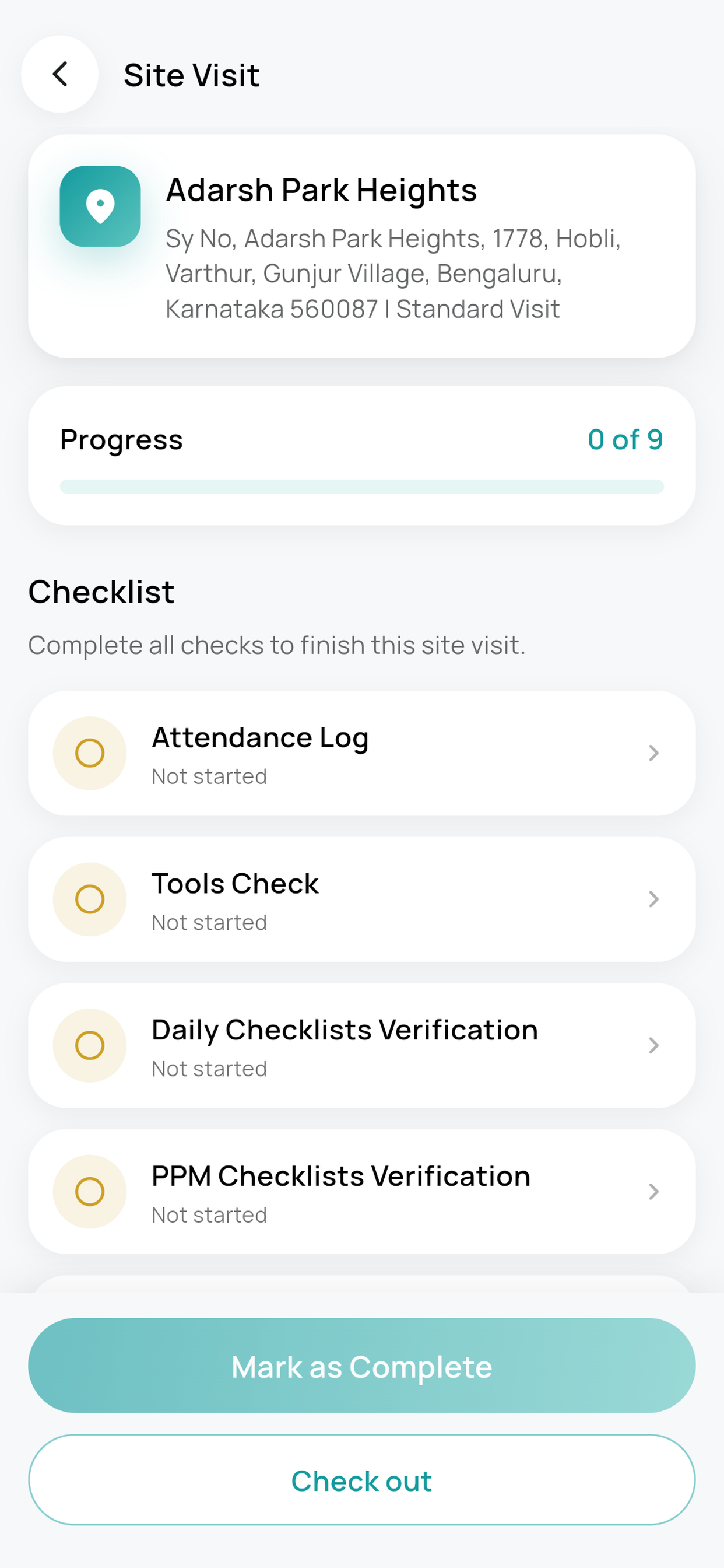 On-site checklist